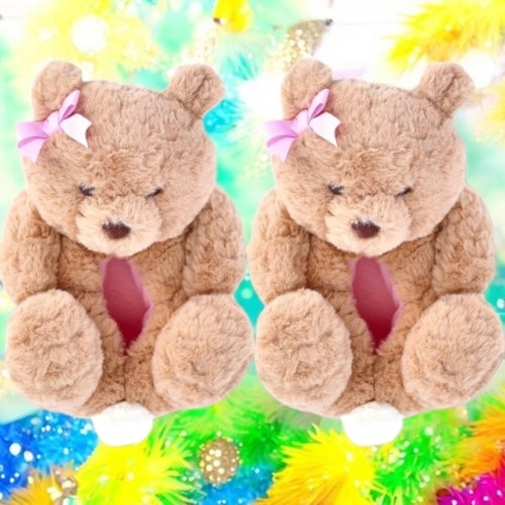 Girls Teddy Bear Slippers Size 2 - 3 Plush Pink Bow NWT Kawaii 3D Shoes
